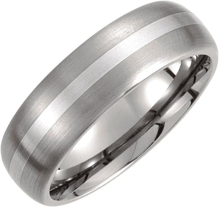 Diamond2Deal Titanium & Sterling Silver Inlay Satin Finish Domed Wedding Band Ring