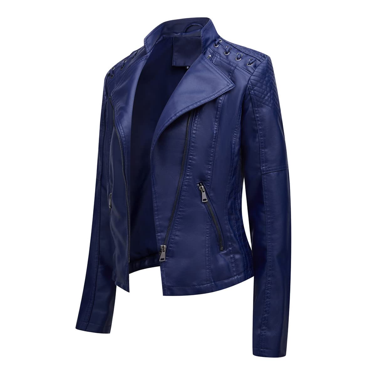 DISSA Damen Kunstleder Kurze Bikerjacke Stehkragen Jacke,EU 36-48