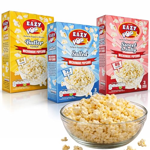 9pk Microwave Popcorn (9x85g) - Salted Butter Sweet & Salt Flavoured Pop Corn Kernels Ready in Minutes Tasty Snack for Family Movie Nights Easy to Prepare Ideal for Sharing popcorn bags