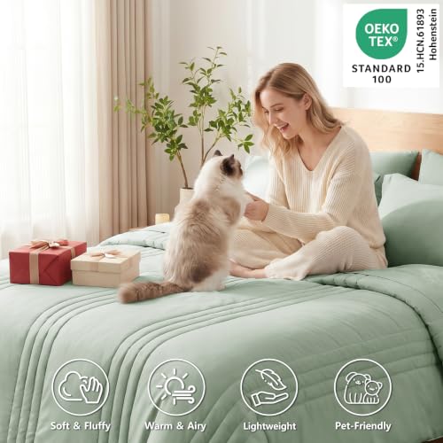 Image of CozyLux Queen Comforter Set Sage Green - 7 Pieces Bed in a Bag, Modern Vertical Quilted Room Decor, Soft All-Season Bedding Gift with Comforter, Sheets, Pillowcases & Shams