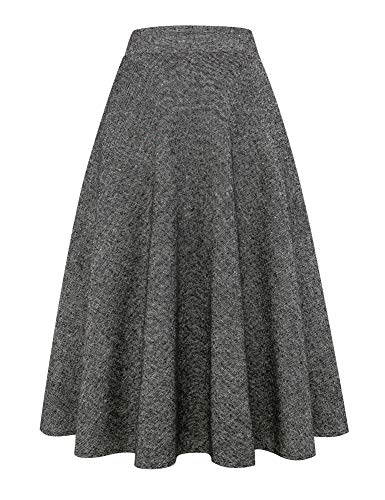 IDEALSANXUN Womens High Elastic Waist Maxi Skirt A-line Plaid Winter Warm Flare Long Skirt (Large, Long Black)