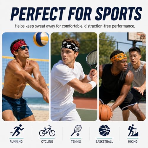 Image of 9 pcs Sweatbands for Men Workout Sport Headbands for Men Camo Headband Sweat Absorbing Headband Wide Sweatband for Head Basketball Football Cycling Running Yoga, 4.7 x 9.8 Inch