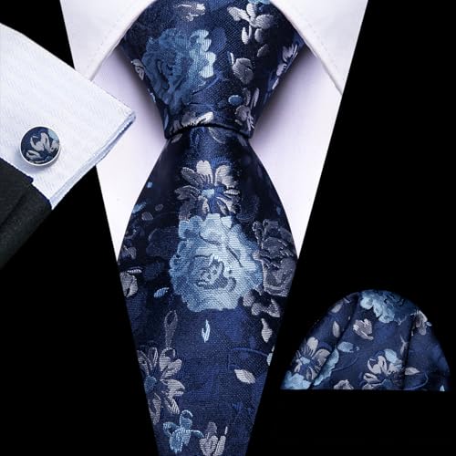 Image of Barry.Wang Flower Ties for Men Silk Woven Floral Tie Sets Necktie Handkerchief Cufflinks Wedding Party