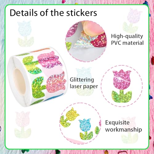 Image of 500Pcs Spring Vinyl Tulip Stickers Roll 1.2in Large Glitter Stickers 6 Colors Flower Label Tag Self-Adhesive Classroom Reward Waterproof Decals for Birthday Envelope Journal Decor