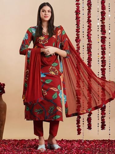 Image of GoSriKi Women's Rayon Blend Straight Printed Kurta with Pant & Dupatta
