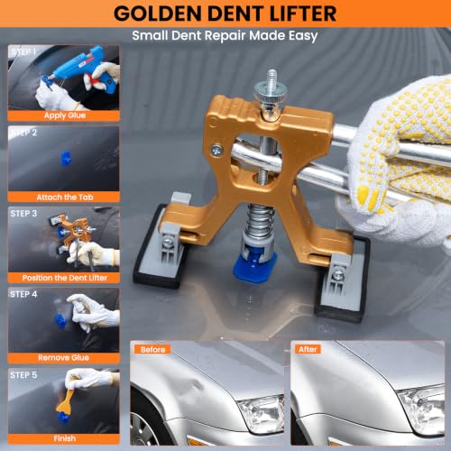 Image of 158pcs Car Dent Puller Kit, Paintless Dent Repair Kit with Golden Lifter, Dent Remover Tool for Car Dents, Hail Damage, Door Ding Repair
