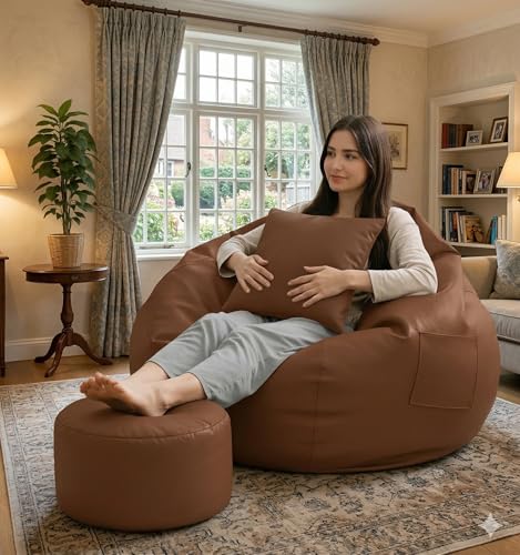 Image of IVIKA Bean Bag with Stool & Cushion | XXXXXL Size Premium Leatherette Bean Bag for Gaming, Living Room & Bedroom (5XL - Tan)