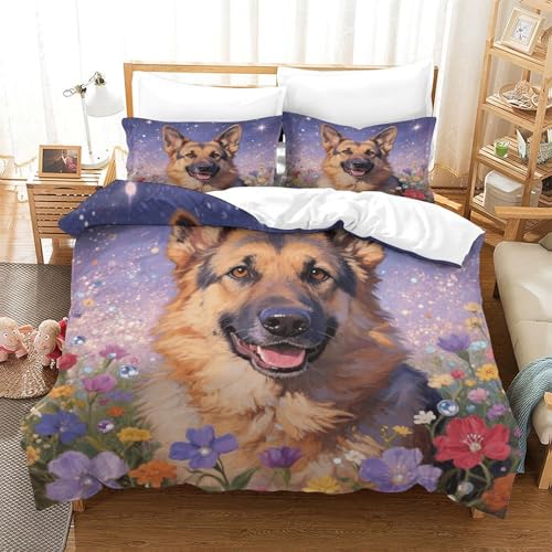 Funda Nórdica Pastor alemán Microfibra Suave Juego De Ropa De Cama Estampado Flores Pastor Alemán con Cremallera Y Fundas De Almohada para Hombres Y Adultos, Single（140x200cm）