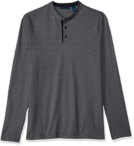 Perry Ellis Men's Striped Henley, Black/DFK, Extra Extra Large