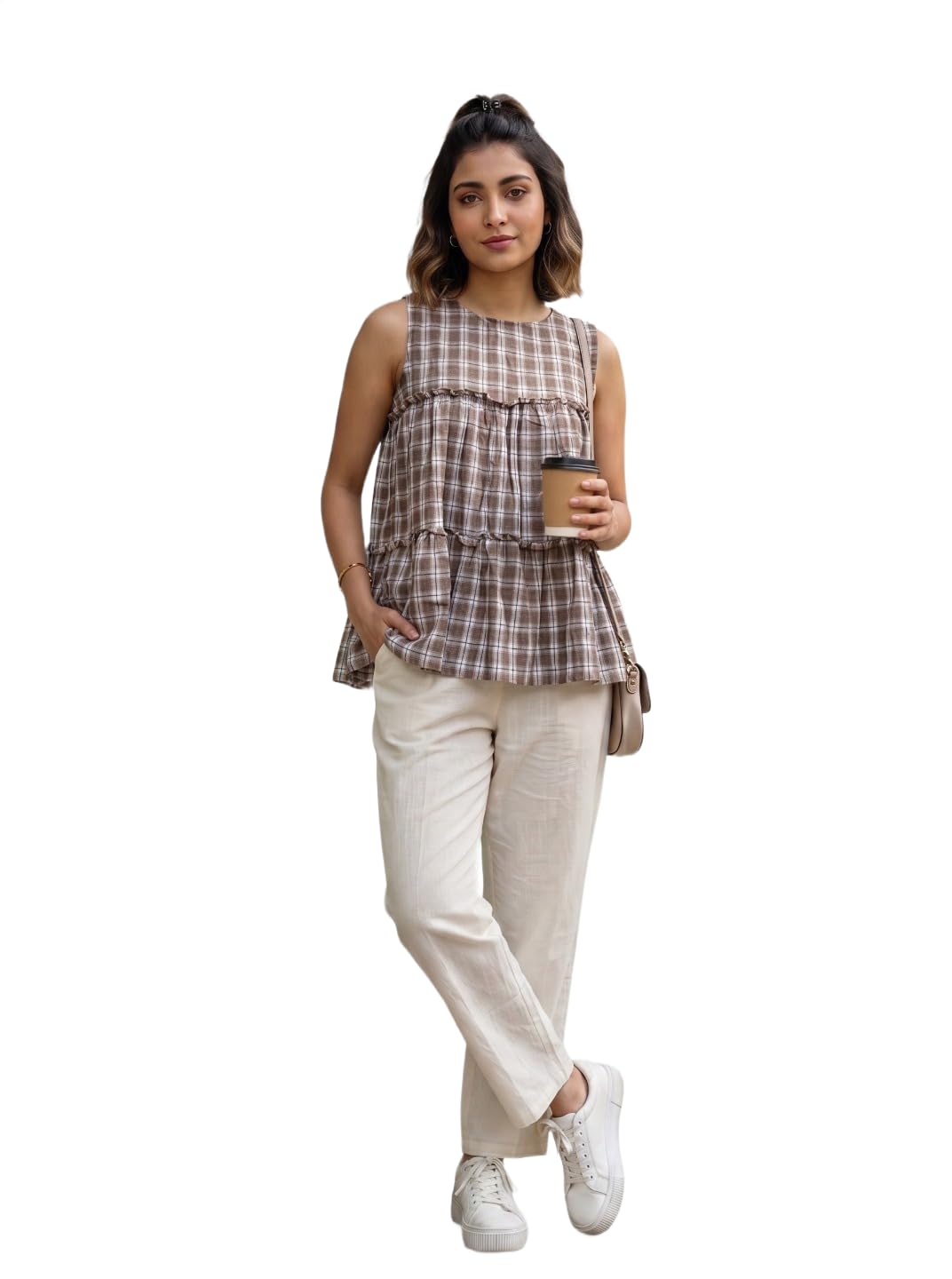 Women Linen Cotton Brown Check Co-ord Set | Sleeveless Tiered Top & Straight Trousers with Pockets-image-2