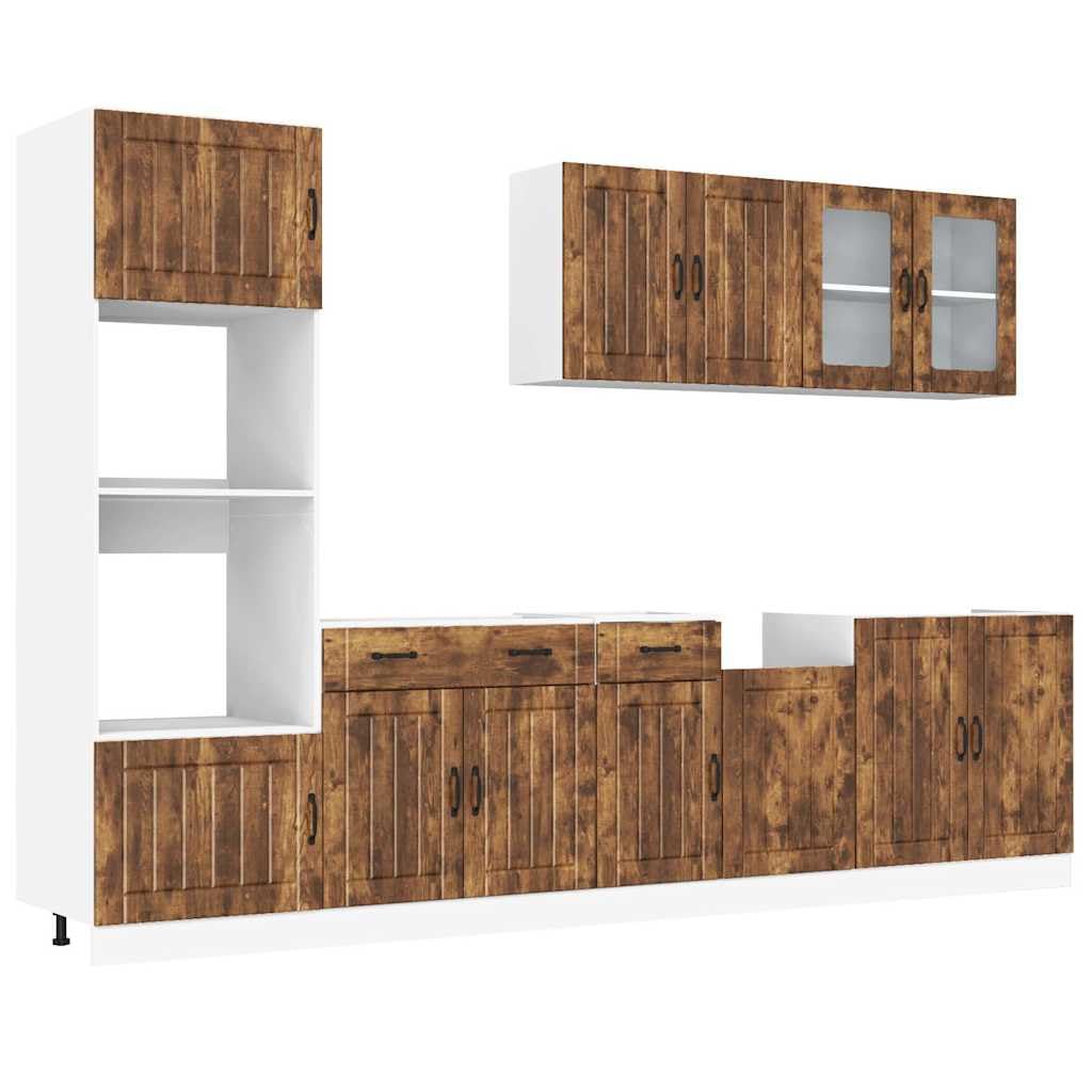 7-teilige Küchenzeile Lucca, Einbauküche mit Schränken aus Holzwerkstoff, Küchenblock für viel Stauraum, Küchenschrank-Set für Spüle und Geschirrspüler, Räuchereiche
