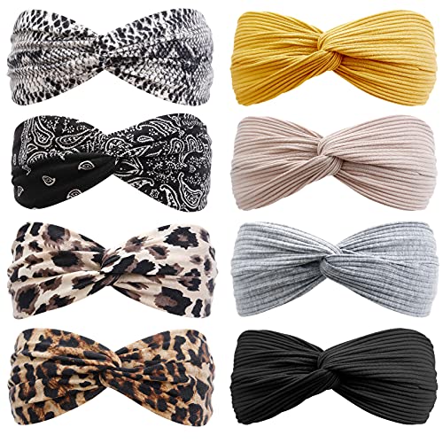Huachi Headbands for Women Boho Wide Womens Tuban Headbands Headwraps Twist Knot Fashion Summer Beach Hair Accessories (8 Pack Leopard Printed Plus Solid Colors Hair Bands)