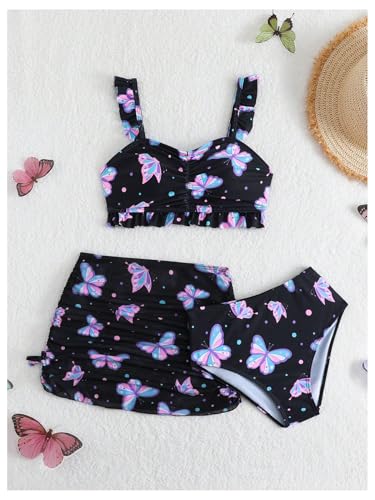 SweatyRocks Girl's Ruffle Butterfly Print Swimsuit 3 Piece Bathing Suit with Beach Skirt3