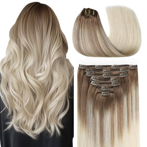 Image of COOKAYU Clip in Hair Extensions Human Hair, 8 /60 Ash Brown to Platinum Blonde Ombre Real Hair Extensions Clip in Human Hair, 14inch 120g 7Pcs