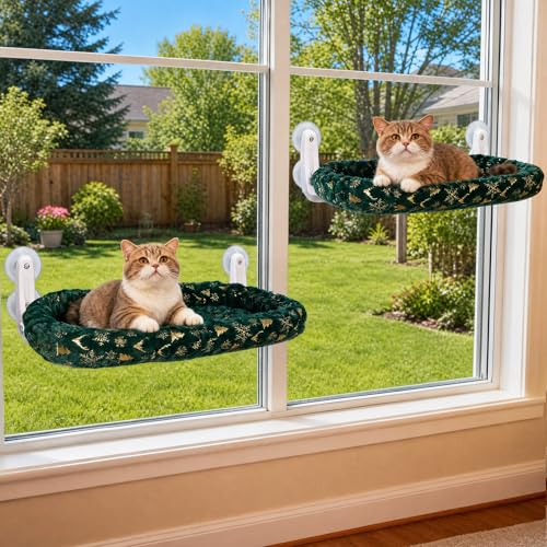 Image of L&W BROS. 2-Pack Foldable Cat Window Perches with Christmas Cushion Bed Easy to Assemble Cats Hammock for Window, Warm Indoor Cat Beds for Large Cats, Edition(M Green)