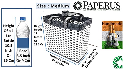 Image of Paperus, Medium, White & Grey, Lunch Bag, Picnic Basket, Carry Bag, Tiffin Basket for Office, Rectangular, Eco-Friendly, Handmade, of Paper Ropes, in Inch 11 H, 12 L, 6 Wide Base
