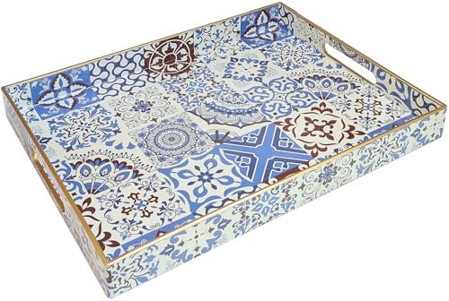 Spsyrine Decorative Serving Tray with Handles, Lacquered Coffee Table Tray for Ottoman, Rectangular Waterproof Platters for Centerpieces, Parties, Living Room, Kitchen Counter Organization SP3040RE1