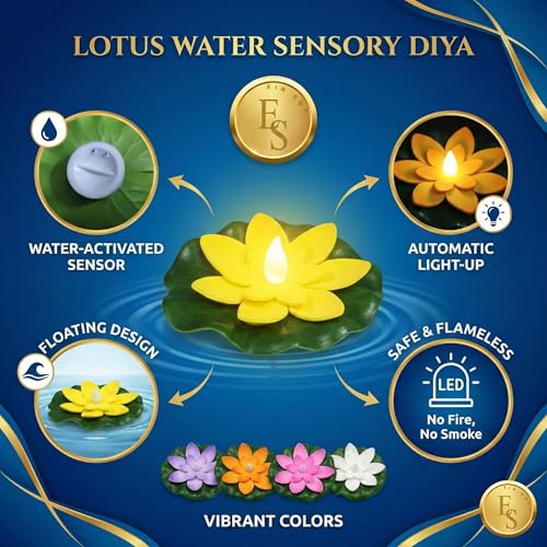 Image of Ein Sof Pack of 6 Floating Lotus Water Sensor Diya Lights - Multicolour LED Electric Candle & Water Diyas for Home Decoration | Safe Flameless Diwali Decor Lights (4.5 inches Wide)