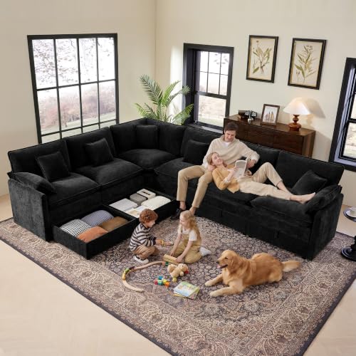 Image of Ihanherry Oversized Modular Sectional Sofa with Storag, 8-Seater V Shaped Cloud Couch with Movable Ottomans, Chenille Deep Seat Corner Couches for Living Room (Black)