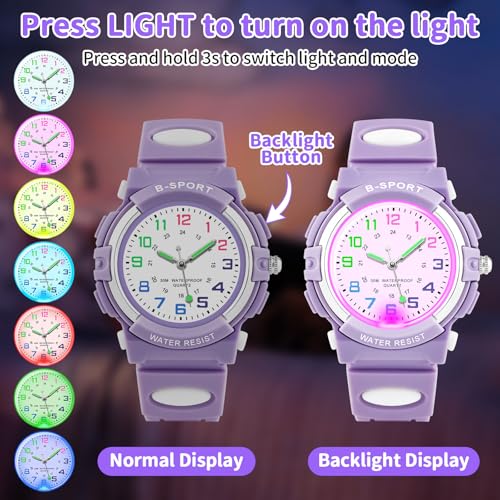DTKID 7 Colorful Lights Children's Watch Boys Girls, Kids 30 M Waterproof Analog Watches Soft Rubber Band, Easy to Read Dial Time Lessons Wristwatch Children 5-18 Years Old2