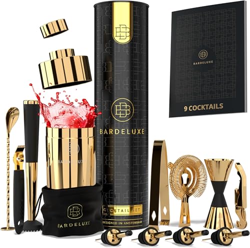 BarDeluxe® Kit de Cocteleria de 12 Piezas, Set de Cocteleria | Set Cocteleria Profesional, Juego de Coctelera, Cocktail Kit | Coctelera 750 ml, Coctelería Kit | Elegante Caja de Regalo, Bolsa (Oro)