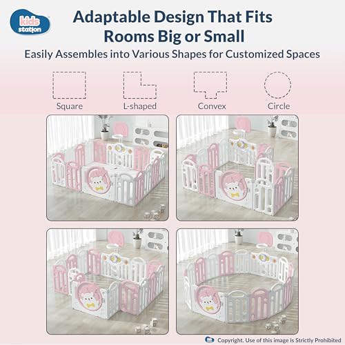 Image of Kids Station Pink Bear Baby Playpen 180 x 200 with Playmat, Basketball Hoop & 20 Balls, Spacious Safety Play Yard for Babies & Toddlers, Indoor /Outdoor Use, Sturdy Frame