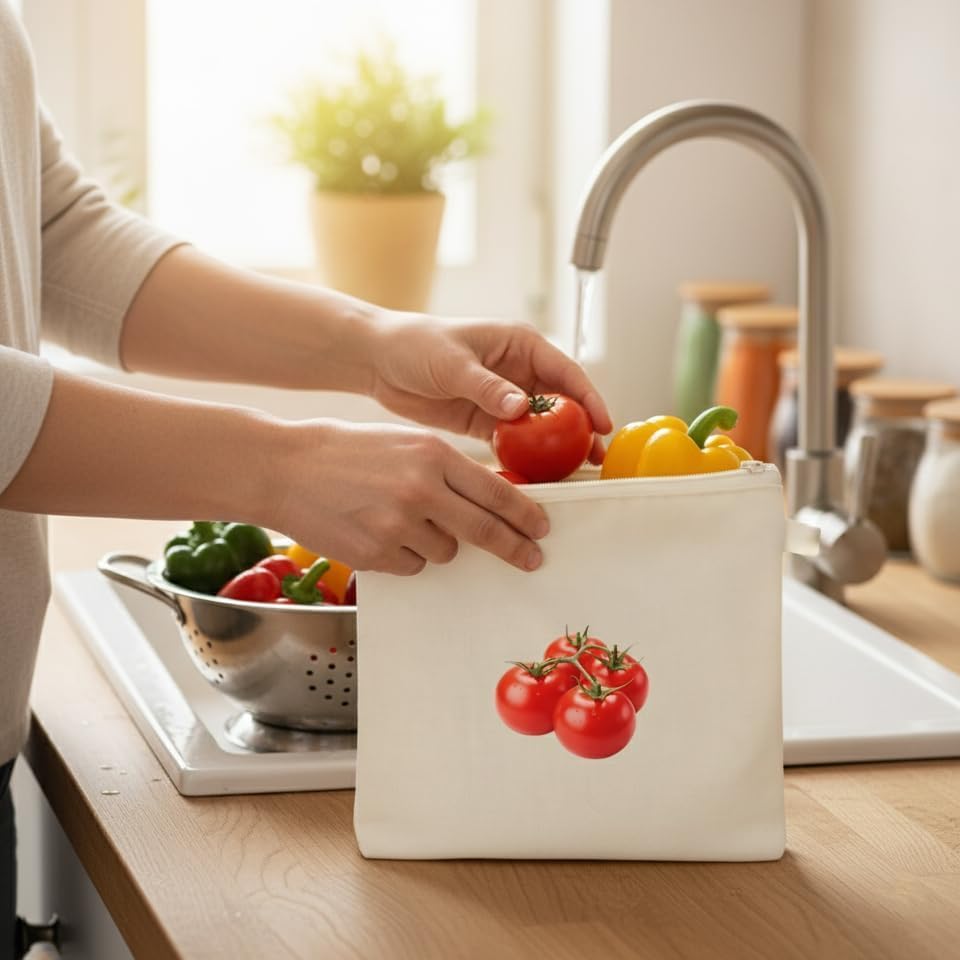 Image of Khedu Fab100% Cotton Reusable Vegetable Bags for Fridge | Eco-friendly Storage Bags for Kitchen Organizer | 10 Pcs | Washable Breathable Zipper Cloth Bags for Vegetables | Vegetable Bag