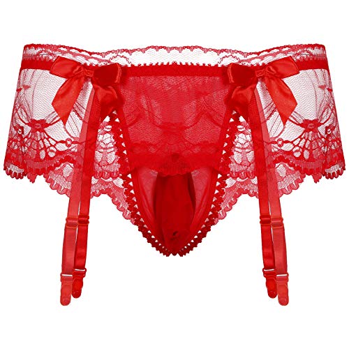 IEFIEL Tangas Encaje Transparente Hombre Sexy Ropa Interior con Ligas Bowknot Calzoncillos Cintura Baja Gay Briefs Lencería Erótica para Adultos Rojo One Size Cover