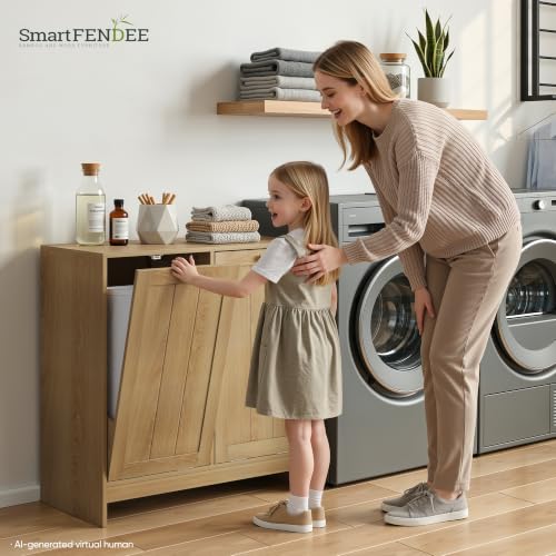 Image of Smart FENDEE Double Tilt Out Laundry Hamper Cabinet, Small Hidden Trash Cabinets with 2 Baskets for Kitchen, Freestanding Bathroom Storage Cabinet Unit, Natural Oak
