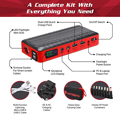 Autobots Shockwave Jump Starter | Best Portable Car Battery Booster with Smart Jumper Cables | 600 Peak Amp 18000 mAh 12 V Automotive Jump Box Power Pack & Mobile Super Charger Kit