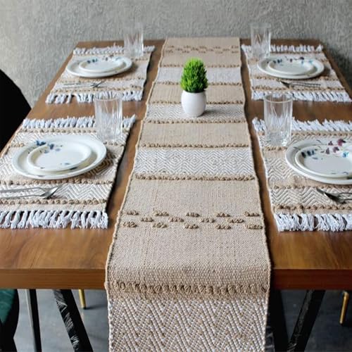 Image of Luxe Home Cotton Table Placemats with Runner Set for Dining Table 4 Seater Rectangular Woven Mats with Tassels (Placemats 66x33 cm + Runner 180x33 cm) - Beige