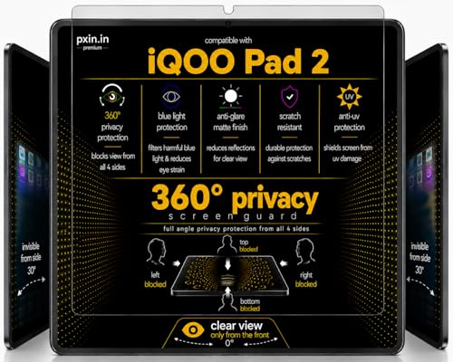 Image of Pxin 360 Pro Privacy Screen guard compatible with iQOO Pad 2 | Anti Glare | Anti UV | Anti Blue | Anti Reflection | Privacy Filter | Unbreakable Build