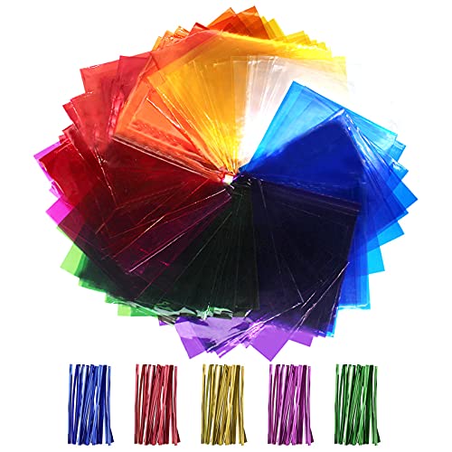 Cinvo Zellophanbögen, mehrfarbig, durchsichtig, bunte Blätter mit Bindebändern, Zellophanfolie für Bastelarbeiten, Leckereien, Süßigkeiten, Partyzubehör, 19,1 x 19,1 cm, 160 Stück