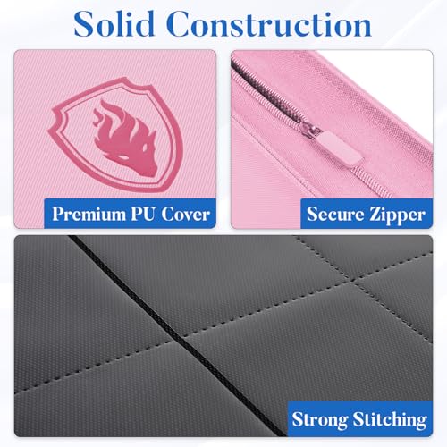 Image of Premium Zip Card Binder 12 Pocket, Fabmaker 912 Pockets Trading Card Binder, PU Zipper Card Collection Album, Sturdy Side-Loading Card Book Holder for Game & Sports Cards, Pink
