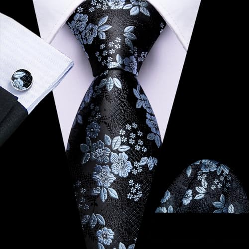 Image of Barry.Wang Flower Ties for Men Silk Woven Floral Tie Sets Necktie Handkerchief Cufflinks Wedding Party