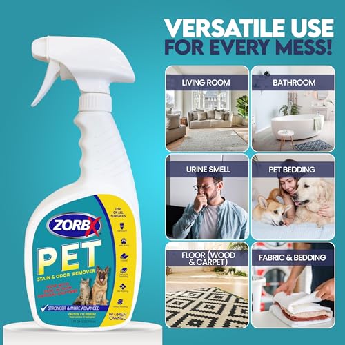 Image of ZORBX Dual Action Enzyme Pet Stain & Odor Remover Spray 24 Oz | Neutralizes Dog & Cat Urine, Stains & Odors on Carpet, Mattress, Upholstery & Couch, No Perfume, Enzyme Formula, Scrub-Free