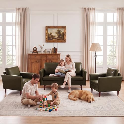 Image of Kingfun 3 Piece Living Room Furniture Sets, Loveseat and 2 Armchair, Faux Leather Couch Set, Mid Century Modern Sofa Set with Solid Wood Frame for Living Room, Office, Olive Green