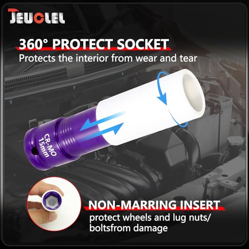 Image of 15mm 1 /2 inchDrive Wheel Protector Impact Socket, Lug Nut Impact Socket | 6 Point, Non-Marring, Thin Wall, Deep Socket, Wheel Protector, Protective Socket, Color-Coded, Cr-Mo Steel, Hand Repair Tool