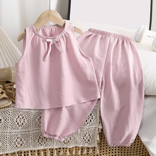 Girls Clothes Suit Cute Pure Casual Outfits Sleeveless Vest Bow Top & Wide Leg Elastic Waist Harem Pants 2PCS Sets2