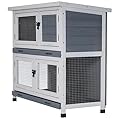 2 Story Solid Wood Rabbit/Bunny Hutch with 2 Large Main Rooms, Indoor Outdoor Rabbit House Guinea Pig Cage Pet House for Small Animals with Ventilation Door Removable Tray Waterproof Roof (Grey)