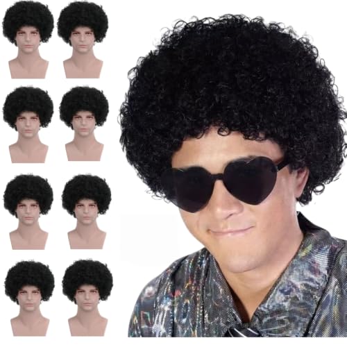 Image of FREE BEAUTY 8pcs Black Afro Wig with Heart Sunglasses for Men Women, Funny 70s 80s Disco Party Afro Wigs Colored Short Fluffy Curly Hair with Hair Net for Halloween Cosplay Costume Party