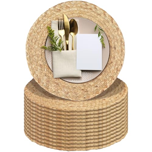 Image of Kochorie Set of 12 Round Woven Placemats 13.5-Inch Natural Water Hyacinth Plant Placemats Hand-Woven Boho Rattan Placemat Wicker Weave Table Mats for Home Dinner Plates Holiday Supplies