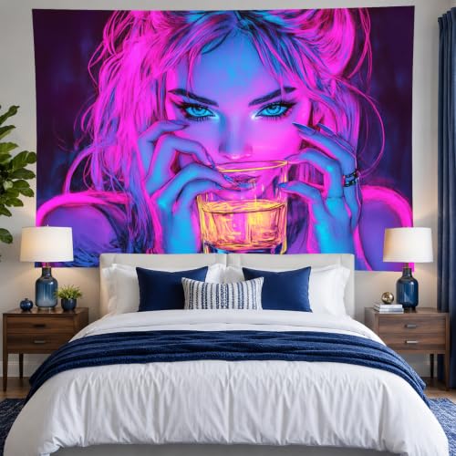 Image of BlissYard Blacklight Anime Girl Tapestry 78x59 Inch Girl Poster | Cool Cute Woman UV Reactive Wall Hanging, Glow in The Dark Aesthetic Poster for Bedroom Room Party Backdrop Bar Decor