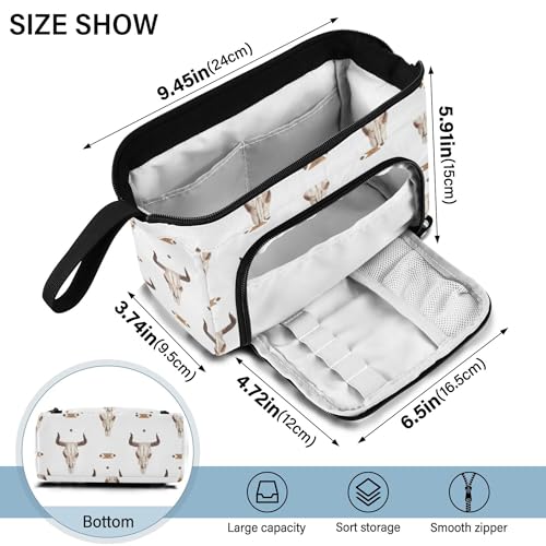 Image of Fisyme Western Bull Skull Pencil Case Large Capacity Pencil Pouch Pen Bag Box Big Makeup Pencil Case Organizer