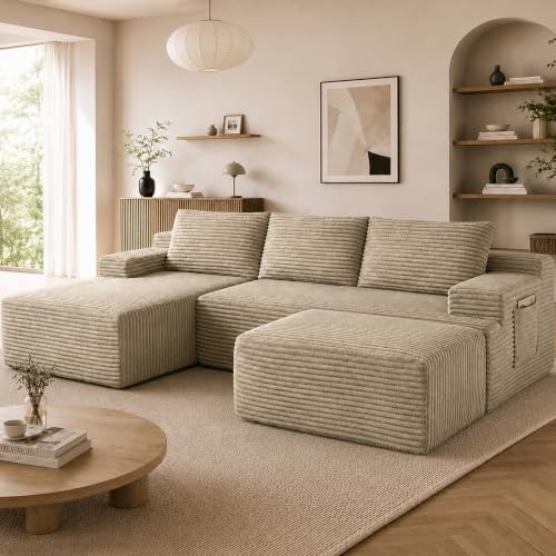 Image of Boneless Couch, Modular Sectional Couches for Living Room, U-Shaped Cloud Couch Sofa with Deep Seat, Fluffy Corduroy Upholstered Corner Sofa
