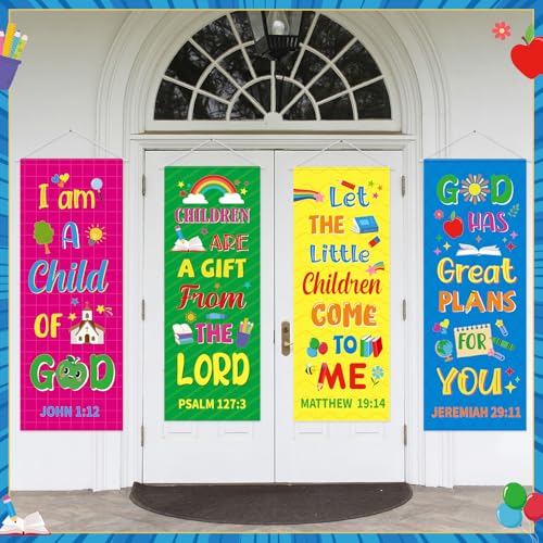 Image of Panelee 4 Pcs Church Banners for Sanctuary Wall Rainbow Cartoon Church Banners with Scripture Inspirational Religious Praise Bible Verses Hanging Backdrop Signs for Sunday School Worship Decoration
