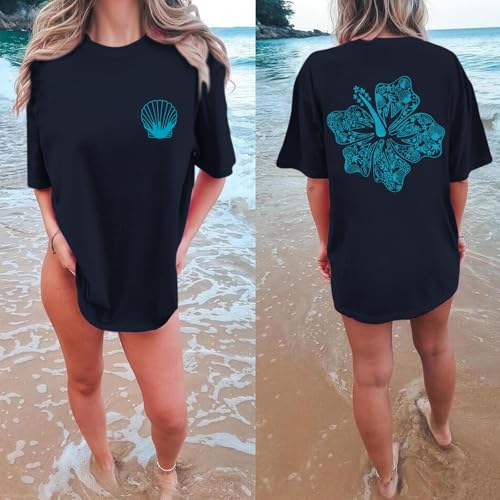 Image of Hawaiian T Shirts for Women Oversized Aesthetic Hibiscus Flower Beach Shirt Teens Preppy Tropical Graphic Tee Tops