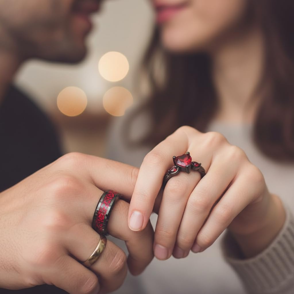 Paar Ringe mit Gravur Eheringe Partnerringe Verlobungsringe für Frauen Wolfram Herren Schwarz Rot Zirkonia Ring Personalisierter Wolfram Ring Größe 49-70