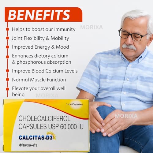 Image of MORIXA Calcitas D3 Capsule | Vitamin D3 60000 IU Cholecalciferol Supplement | Supports Bone, Teeth, Muscle & Immunity Health | 5 Strips x 4 Capsules (20 Capsules) | Supports Bone, Teeth, Muscle & Immunity Health, 20 Capsules, 5 Strips x 4 Capsules