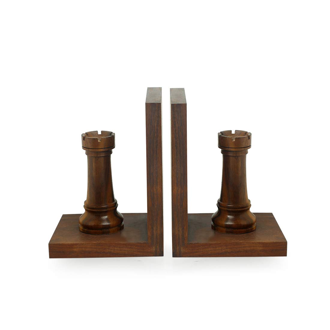 ExclusiveLane 'Chess Rook' Sheesham Wooden Bookends for Home Decor (24.6 cm x 10.4 cm x 16.5 cm, Brown) | Book Ends Wooden Bookend Bookends for Shelf Book Ends for Table Shelves Book Stopper for Shelf 1